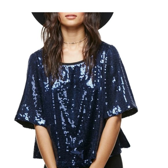 Free People Tops - free people navy sequin crop top flutter sleeves L